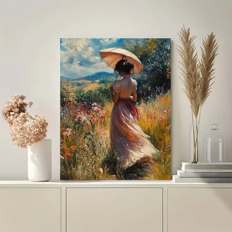 Lady with Parasol in Garden Poster and Prints Retro Figure Canvas Painting Wall Art Picture for Living Room Home Decor Cuadros