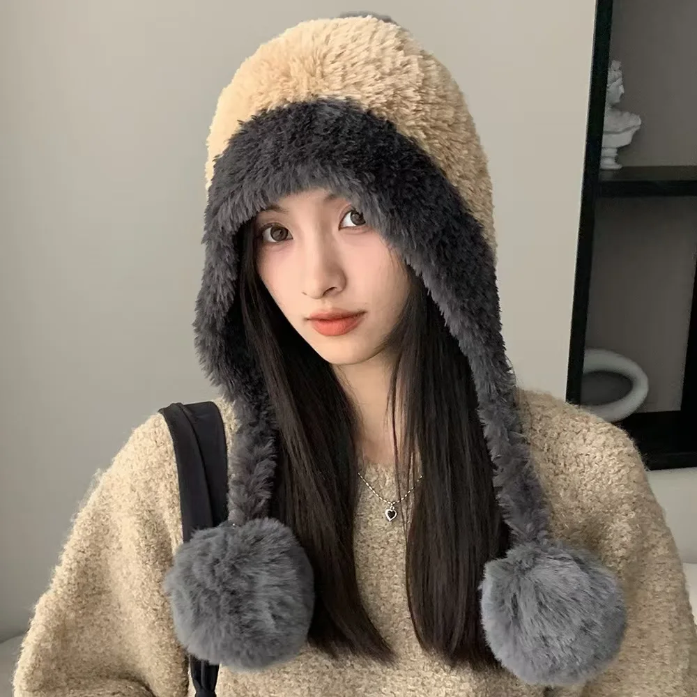 Winter Plush Beanie for Women with Ear Flaps Soft Knitted Hat for Big Head Warm Fleece Lined Pom Pom