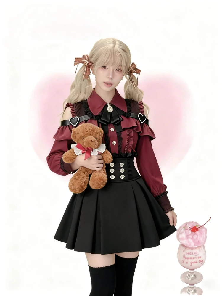 Japanese Kawaii 2 Piece Skirts Sets Autumn Casuall Vintage Style Y2k Crop Tops Blouse + Mini Skirts Vintage Lolita Dress Suits