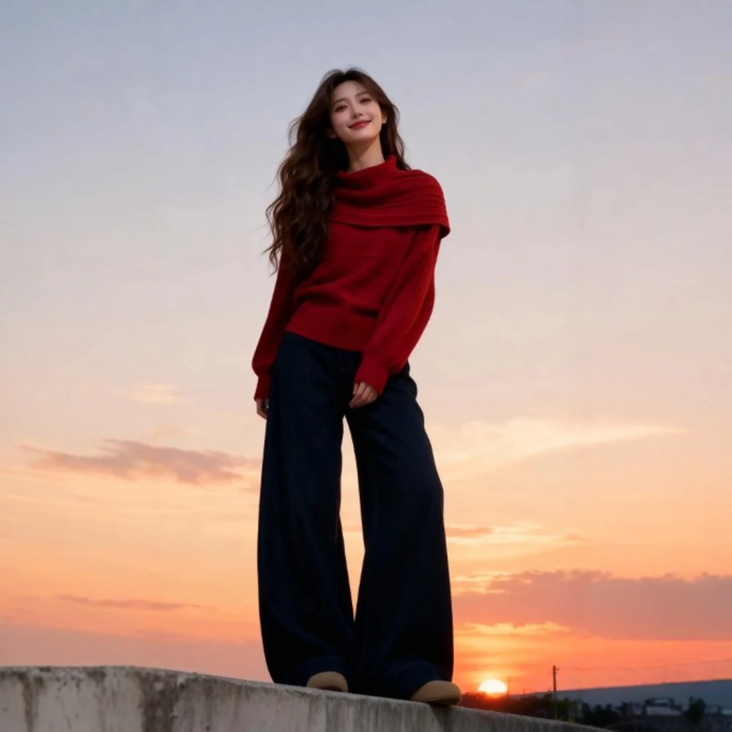 

Retro Gentle Red Top And Jeans Two-Piece Set Ele Spring Faion Women's Comfortable High Waist Loose Fit Long Sve