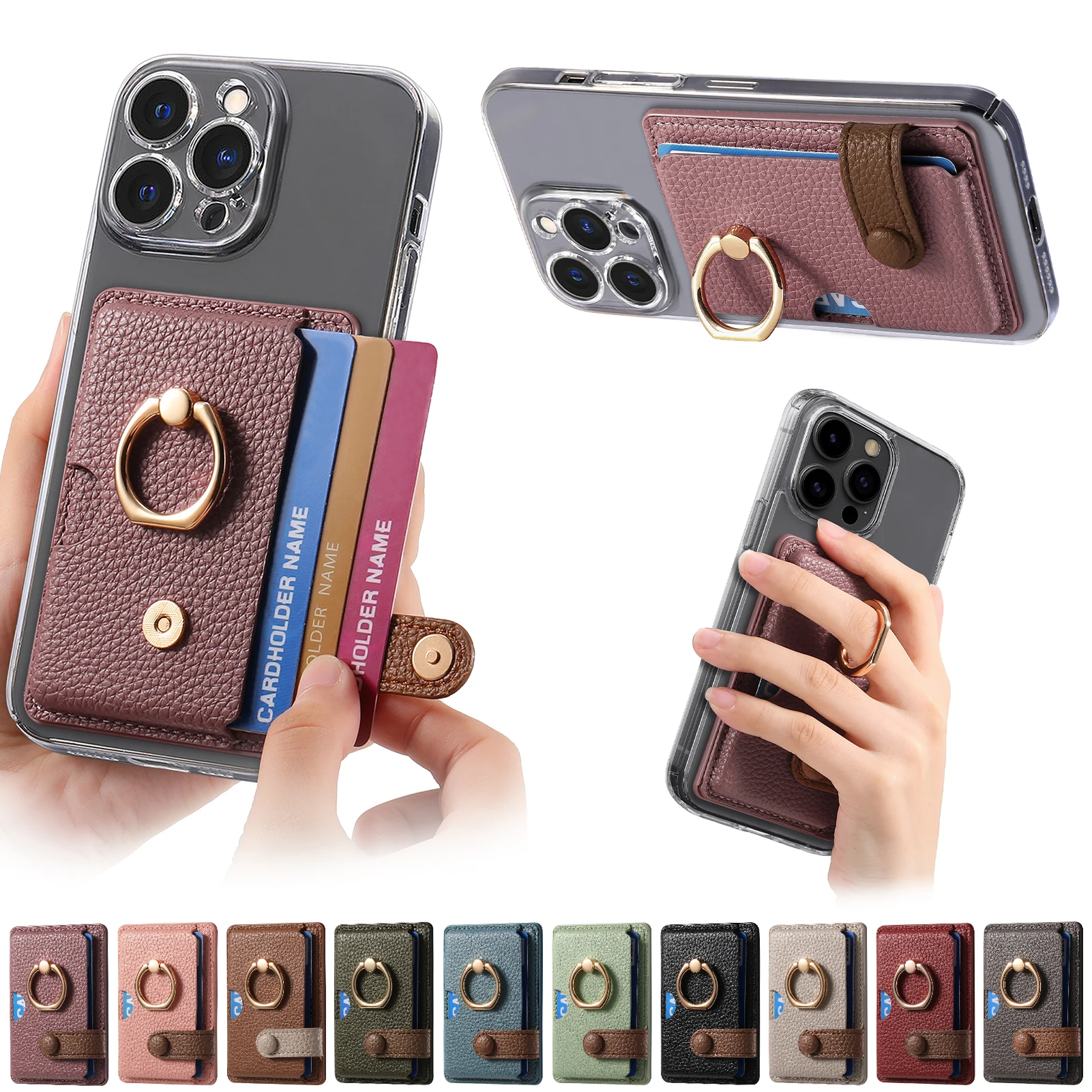 

Finger Ring Phone Case Card Holder PU Leather Adhesive Back sticker Portable Wallet For iPhone 16 Max Pro 15 14 13 12 11 Cover