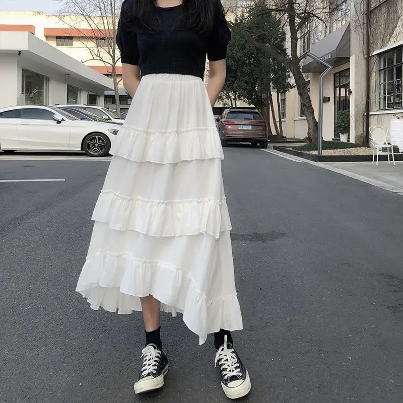 HOUZHOU Black Long Skirts Women Gothic High Low Ruched Ruffle High Waist Asymmetrical Midi Skirt Korean Fashion Fairy Grunge