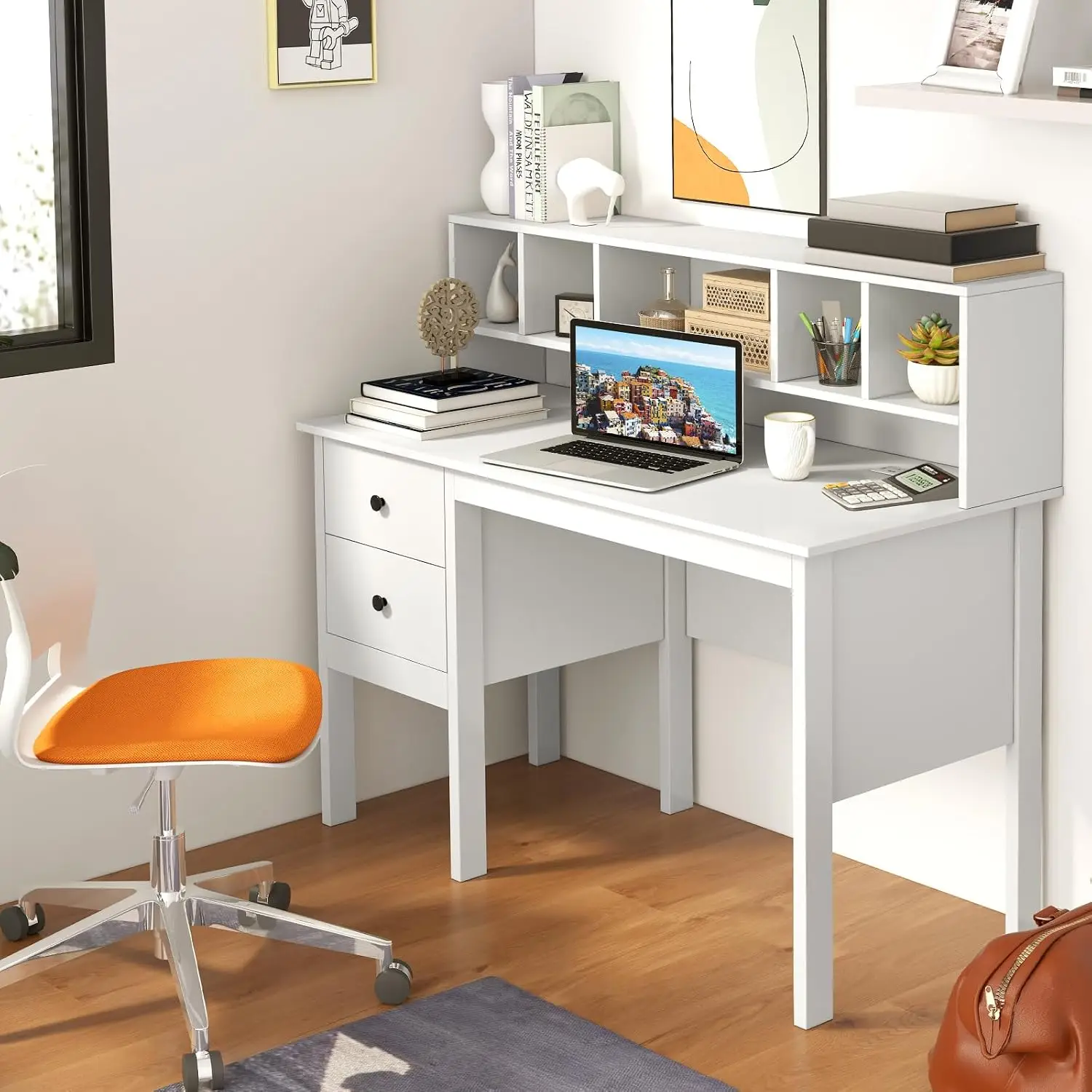 White Desk With Drawers & Hutch Charging Station 5 Cubbies Vanity Study Writing PC Laptop Workstation Bedroom, Customized