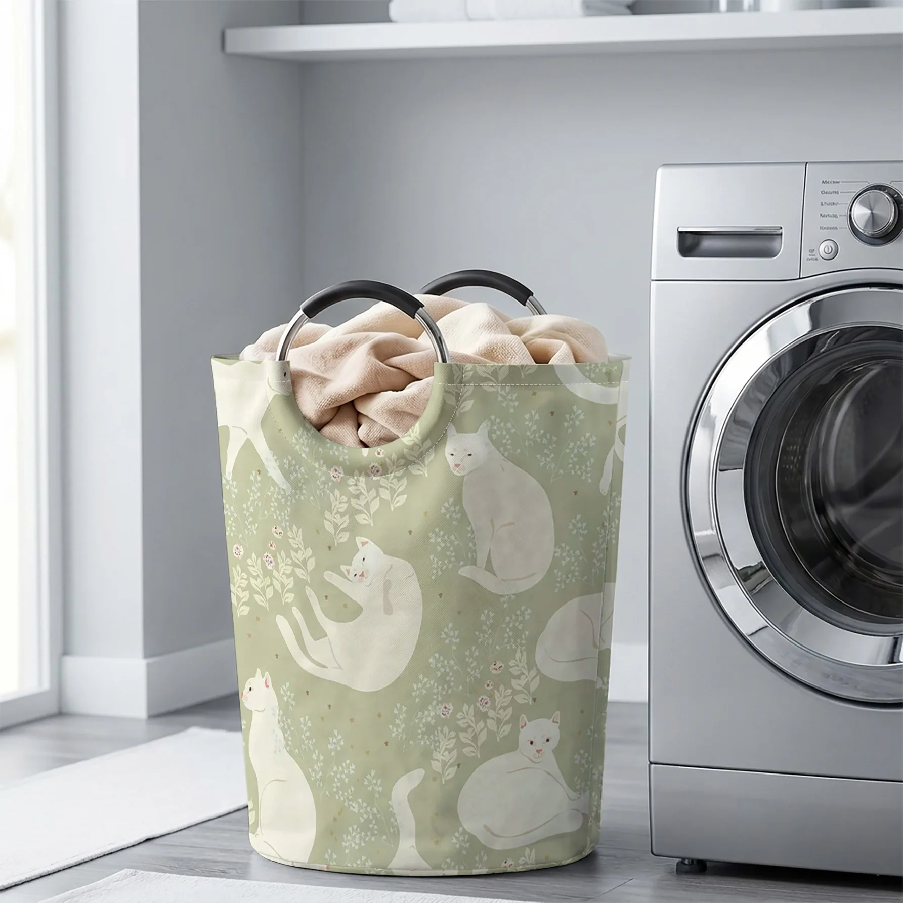 Light Green Background White Cats And Plants All‑Over Print Handheld Storage Basket, For Laundry, Bedroom & Home Sundries Storag