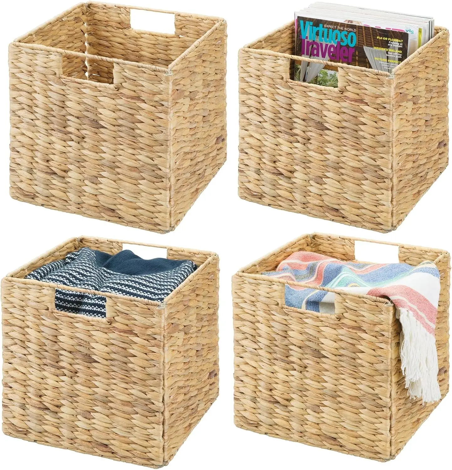 Natural Woven Hyacinth Cube Organizer Basket with Handles, Storage for Bathroom, Laundry Room Shelf or Nursery - Perfect