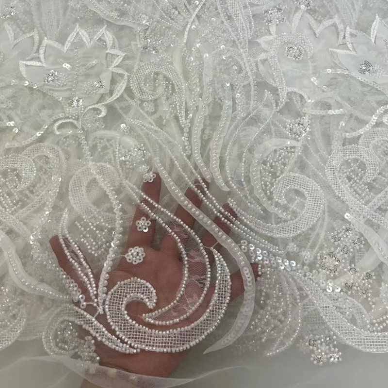 

Африканская сетчатая кружевная ткань 2026, высокое качество, Нигерия, 5 ярдов, французская кружевная ткань с блестками и бусинами для вечерние, свадебного платья, швейная ткань