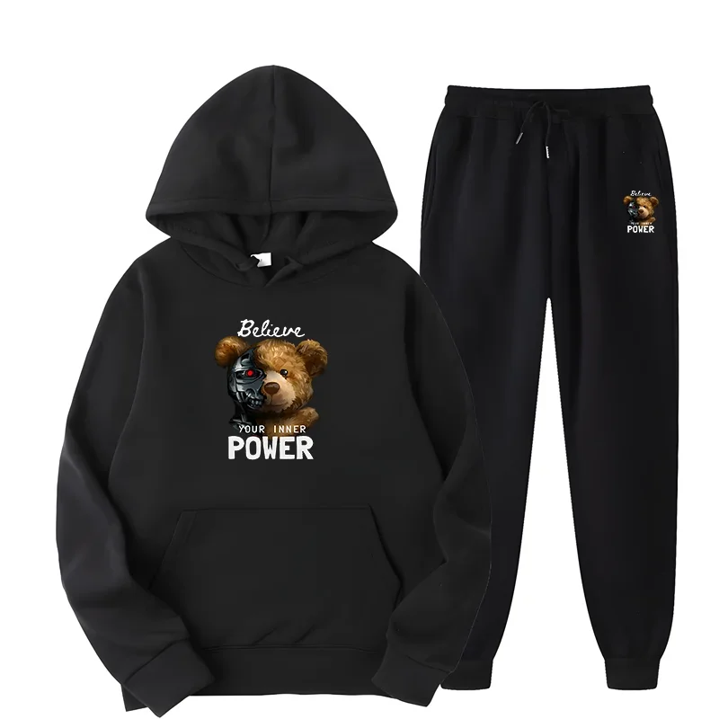 

Мужской комплект с капюшоном с модным дизайном и принтом Robot Bear, весенне-осенний комплект из чистого хлопка, толстовка большого размера с длинными рукавами + свободные повседневные спортивные штаны