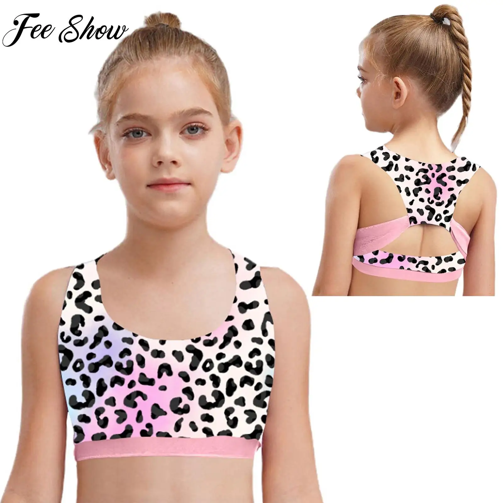 Children Girls Moisture-Wicking Quick-Drying Sport Top Sleeveless Cutout Back Printed Yoga Vest Running Cycling Costume