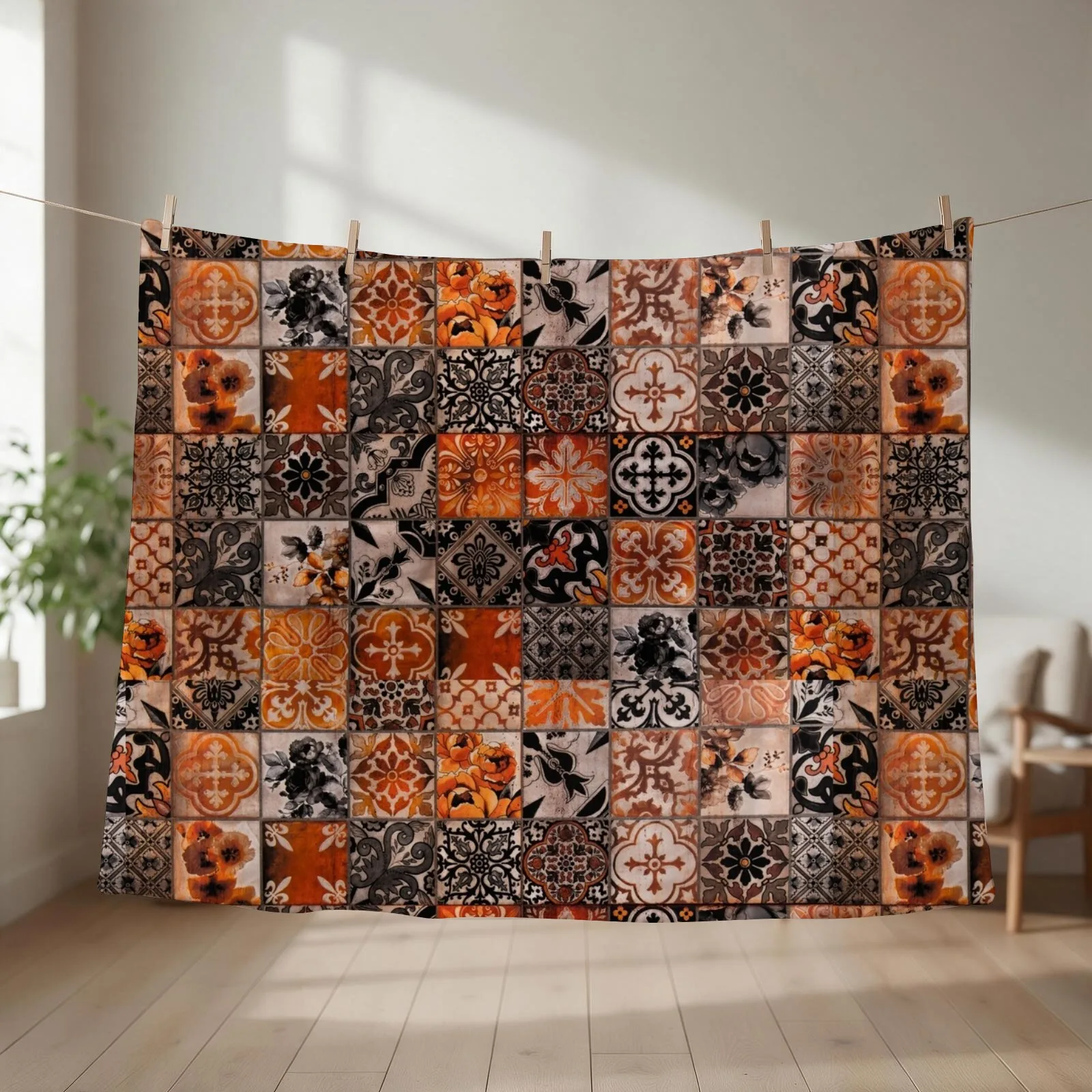 Ancient brick pattern design with gold ,orange, black and white colour . Throw Blanket