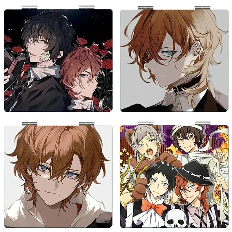 Lusterko do makijażu składane dwustronne Bungo Stray Dogs 7×6cm Anime Śliczne Przenośne Podróżne Mini Dziewczęce Powiększające Kwadratowe