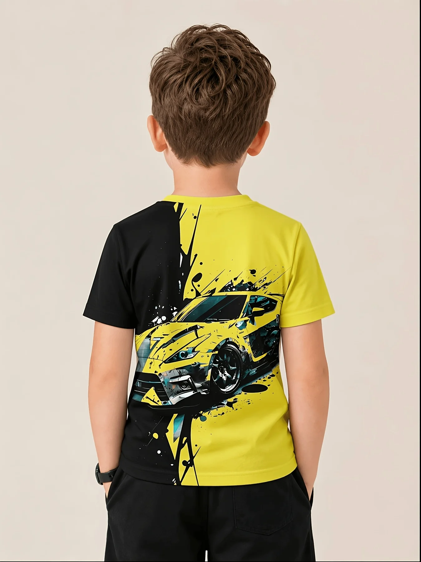Boys 4‑14Y Short Sleeve T‑Shirt, Neon Green Black Racing Car Print Crew Neck Casual Machine Washable Top for All Seasons