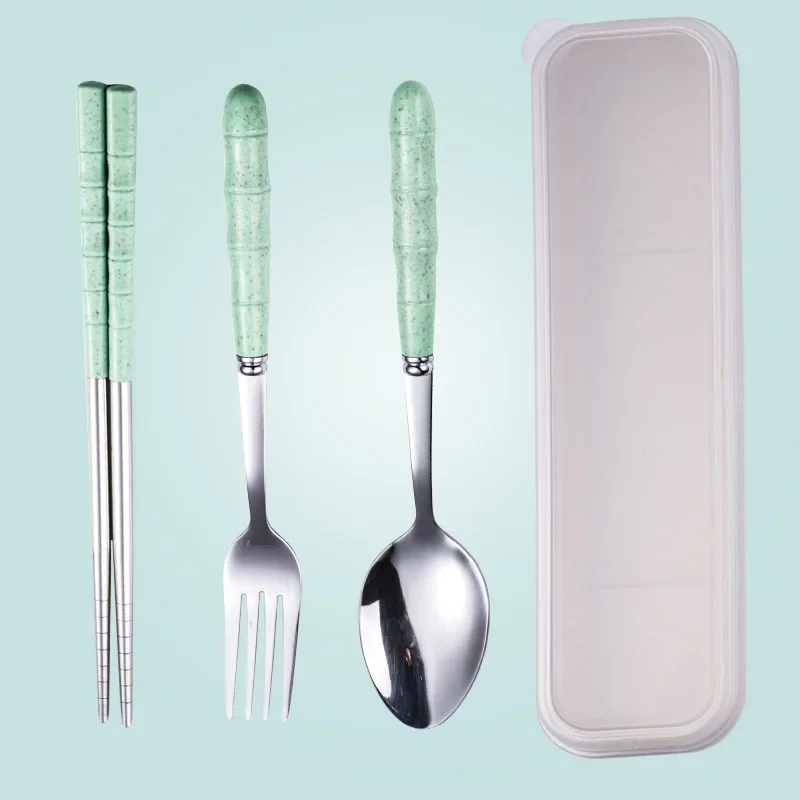 2/3pcs Wheat Straw Stainless Steel Portable Tableware Spoon Fork Chopsticks Set with Storage Box Dessert Fork Kitchen Supplies view 5