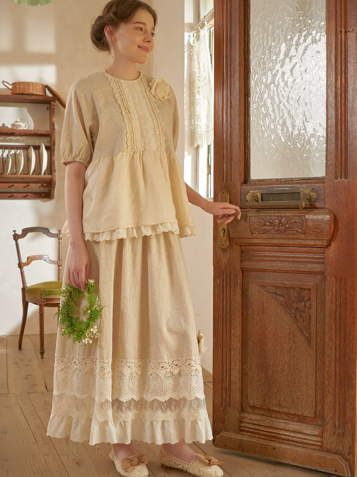 

Spring Summer Women Forest-style Mocha, Elegant Embroidery, Lace Trim, Loose Short Sleeve Top, Flared Skirt Set