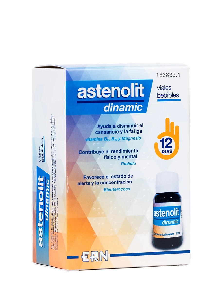 Drinkable vials astenolit dynamic 12 vials. -Helps reduce tiredness and fatigue, contributes to physical and mental performance and promotes concentration and alertness.