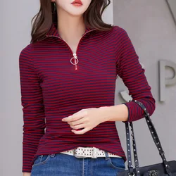 Jersey de Cuello medio alto con cremallera para mujer, camiseta de manga larga con contraste de rayas sólidas, Tops informales elegantes con capa inferior, primavera y otoño