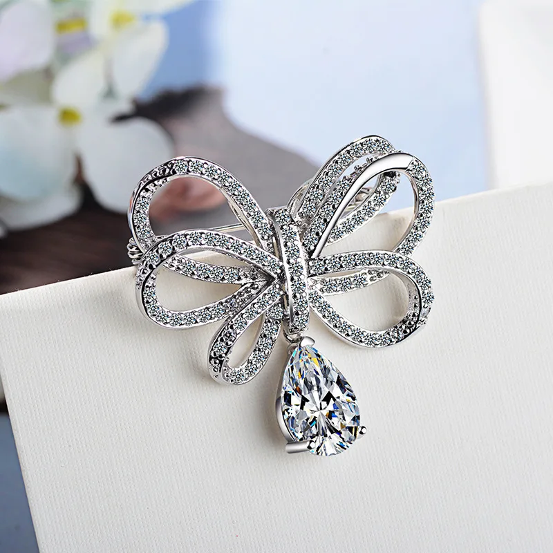 Newest  925 Sterling Silver Bowknot Design CZ Crystal Brooches for Women Fashion Pins Necktie Clothing Dress Wedding Jewelry