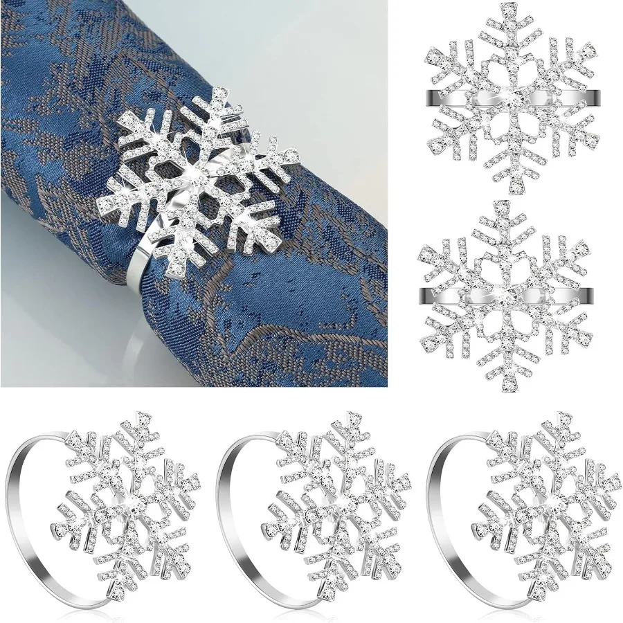 

Набор колец для салфеток в виде снежинок, рождественский держатель для салфеток со стразами и снежинками для рождественской свадьбы, вечеринки, украшения для стола