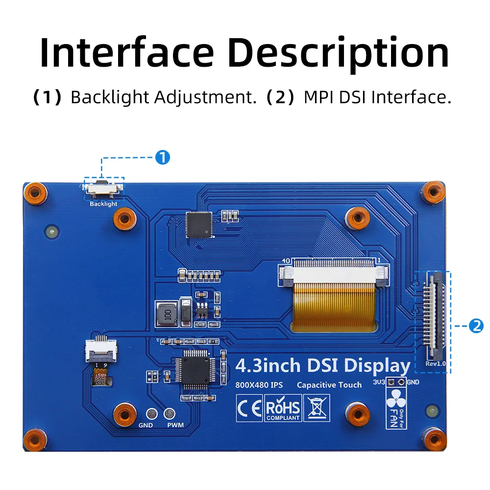 4.3 Inch RPi5 DSI Touch Screen LCD Display Portable Capacitive Touchscreen Monitor 800x480 for Raspberry Pi 5 4 3 3B+ 2
