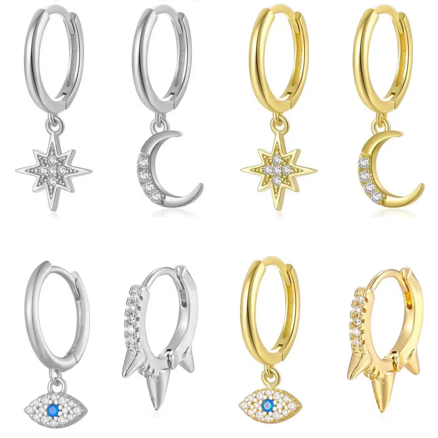 Fashionable 1Pc Titanium Steel Eyes Moon Star Cone Inlaid Zircon Earrings Pierced Unisex Jewelry Gifts