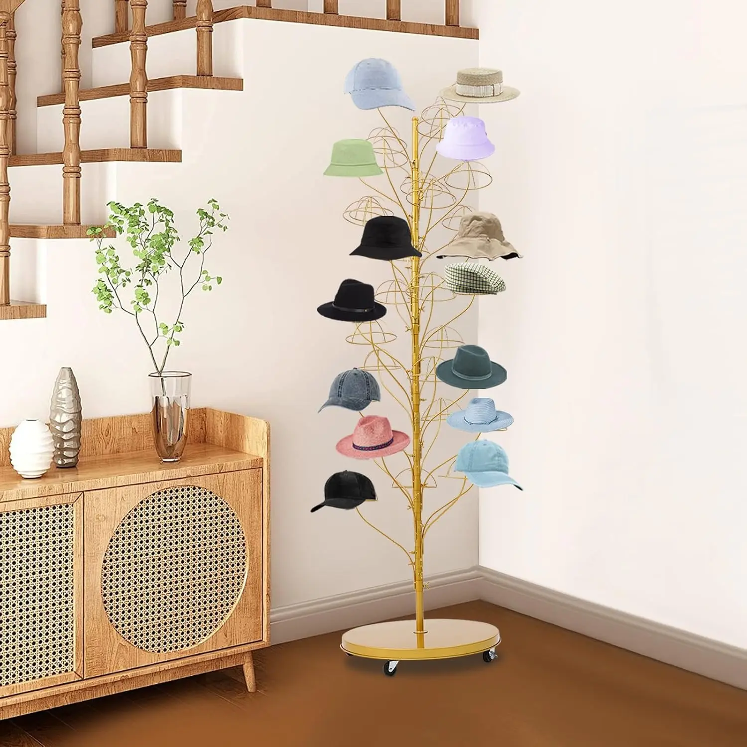 Hat Display Stand, 35 Hooks Standing Rack, 69in Height Commercial Hat Organizer, Metal Hat Rack Stand with 4 Swivel Wheels