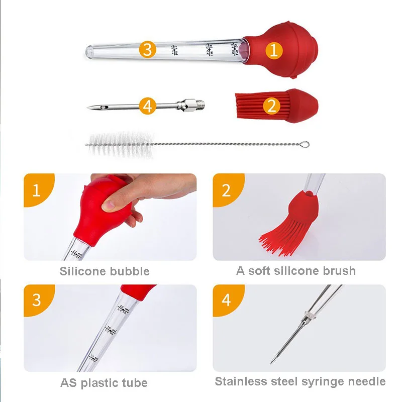 Turkey Baster Kit Adopt Fda Silicone Brush Head + As Material Tube Can Be Used In Various Meat Foods