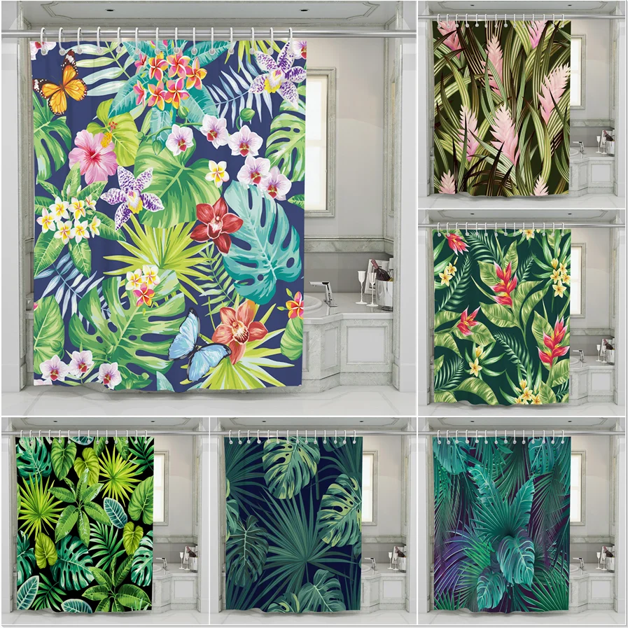 Green Leaves Printing Shower Curtains Modern Natural Plant Bath Curtain Set Bathroom Home Decor Polyester Cloth Bathtub Screen