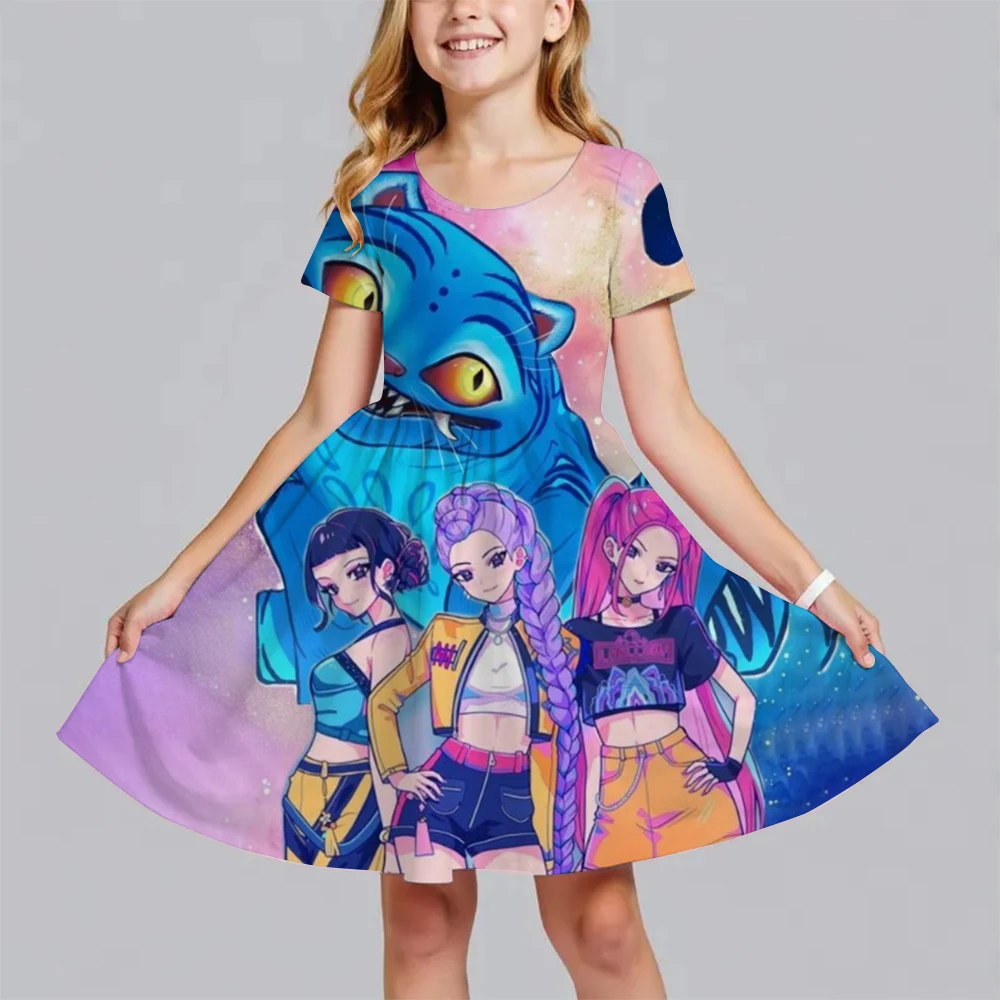 

Summer Fashion Polyester Lightweight Cartoon Cute Huntrix Kpop Demon Hunters Printed Girl's Dress Short Sleeved Princess Dress