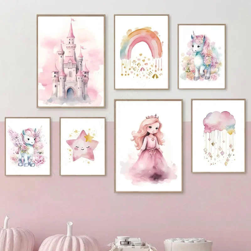 Princess Castle Unicorn Rainbow Cloud Star Wall Art Canvas Painting Posters And Prints Pictures For Girl Kids Room Nursery Decor