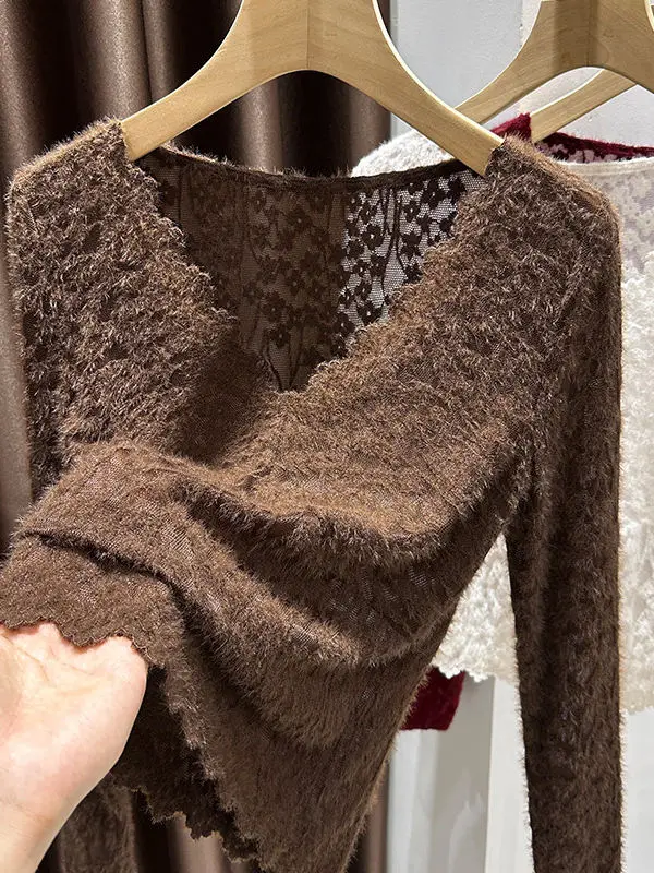 

Корейский и японский высококачественный топ с кружевной отделкой для женщин, художественный дизайн, стройнящий силуэт, с длинными рукавами и V-образным вырезом