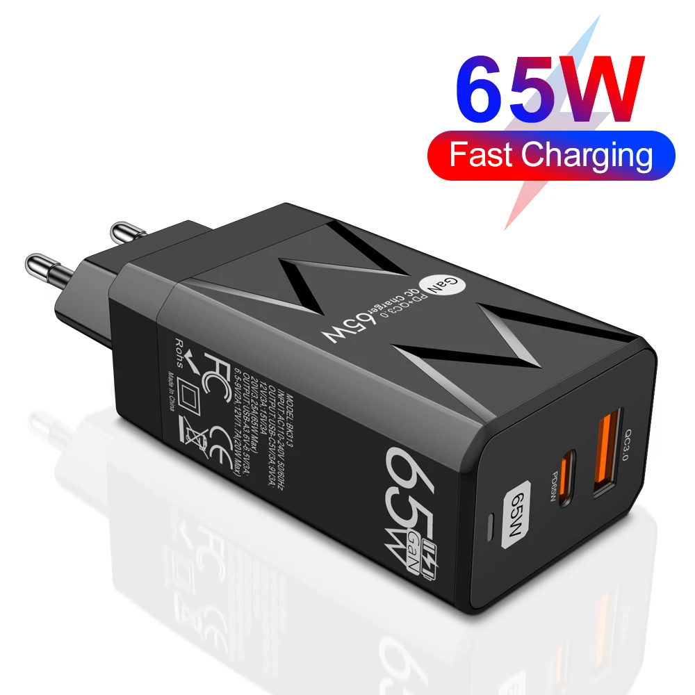 Universal 65W PD Phone Charger USB-C Quick Charging Plug EU UK US USB Wall Adapter For iPhone Xiaomi HUAWEI Samsung Fast Charger