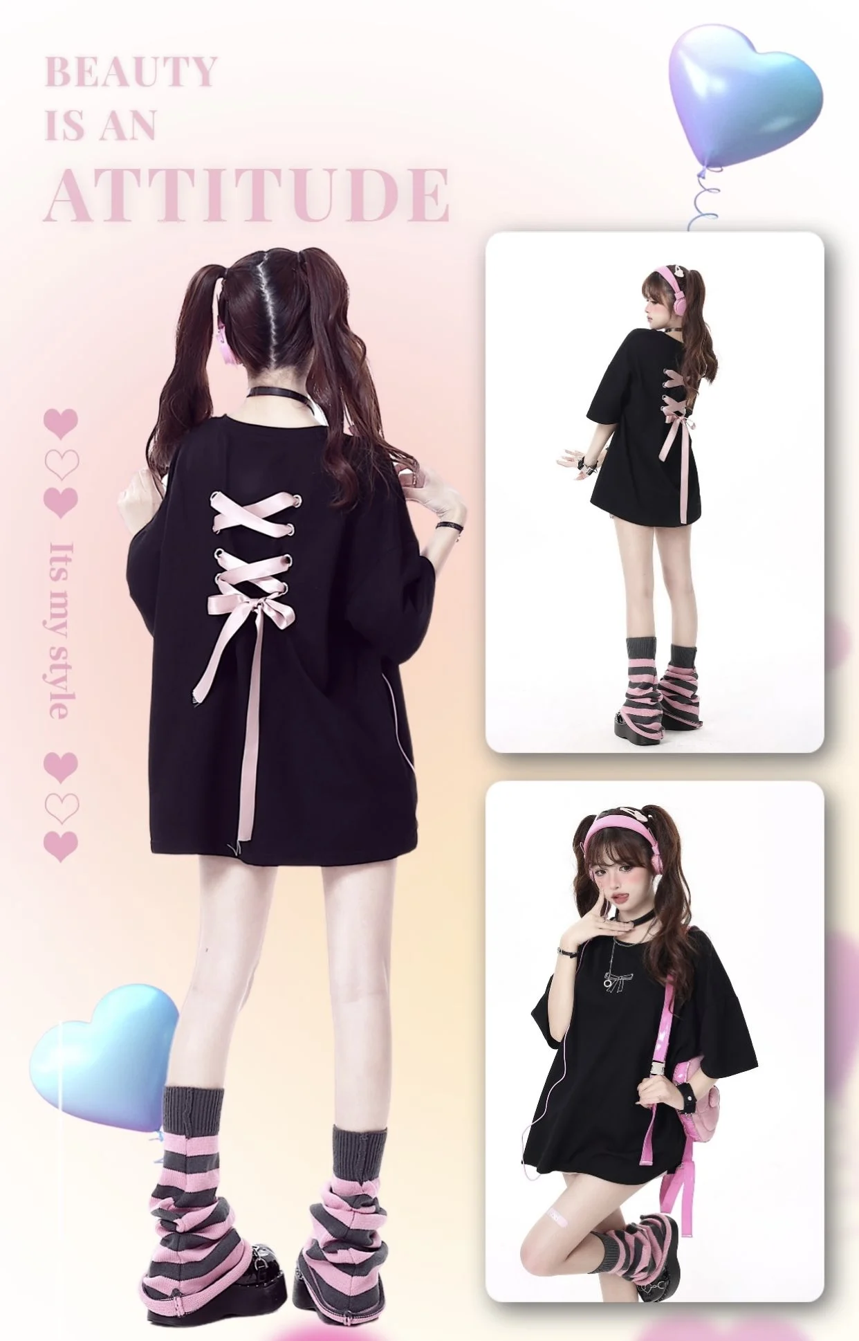Japanese Subculture Girls Sweet Spicy Fitted Shoulder Summer Tees Y2k Bow Tie Detail Loose Fit  Oversized Casual Women's Tops