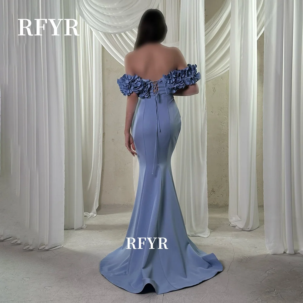 

RFYR Blue Prom Dress with 3D Flowers Mermaid Evening Dress Crepe Party Dress Celebrity Gala Dress for Women Customized