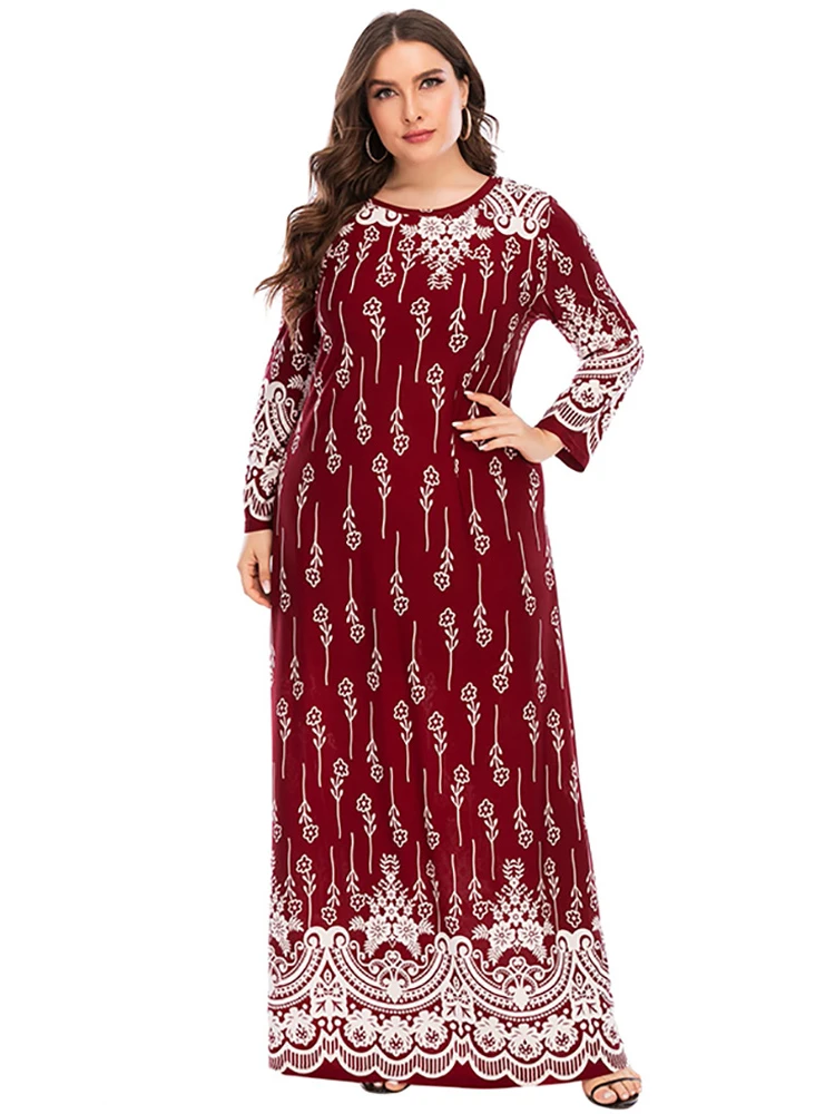 Abaya Muslim Dress Woman Autumn Winter Long Sleeve Retro Floral Print Maxi Long Dress Turkish Plus Size Islamic Clothing