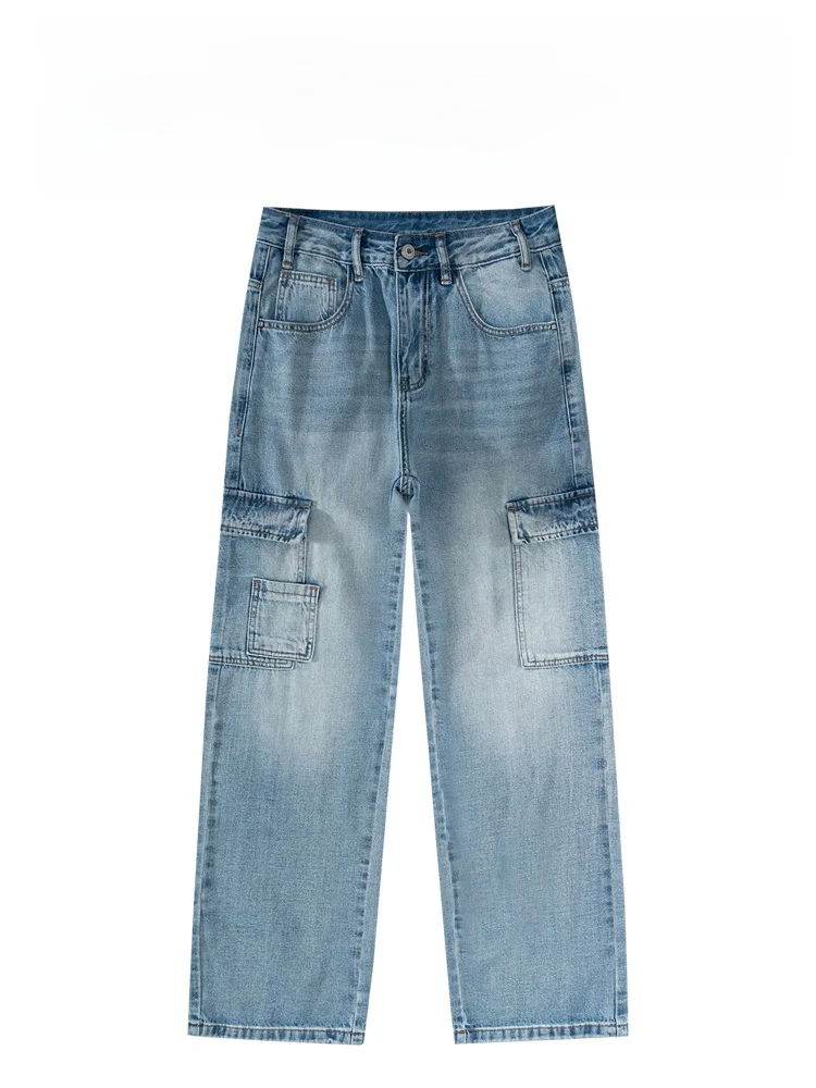 

Fashionable Straight Leg Men's Jeans High Street Design Multi-Pocket Trendy Workwear Casual Cotton Blend Comfortable Fit
