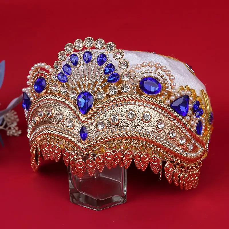 Xinjiang Dance Crown Handmade with Diamond Hat and Ethnic Style Square Dancer Adult Performance Costume Stage Costume