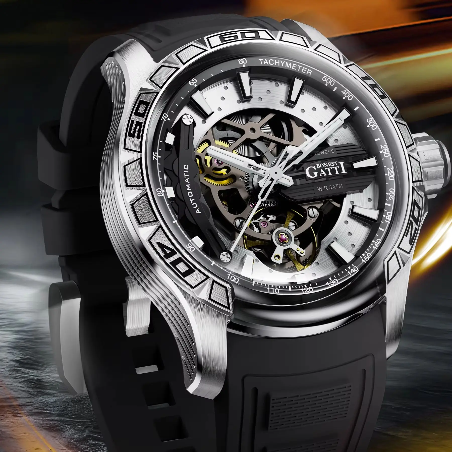 

BONEST GATTI Men Automatic Watch 44mm Mechanical Wristwatch Waterproof Sapphire Mirror Luminous Racing Caliper Dial FKM Strap