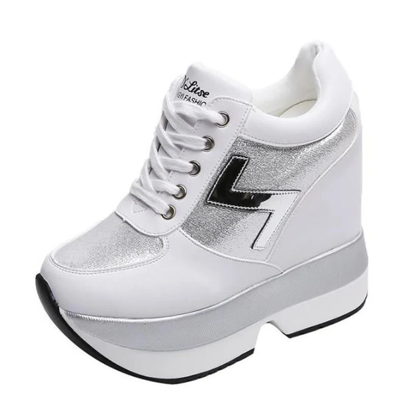 New Arrival Autumn Fashion Casual Shoes for Women High Platform Trainers 12 CM Thick Soled Black Silver Size 34-40