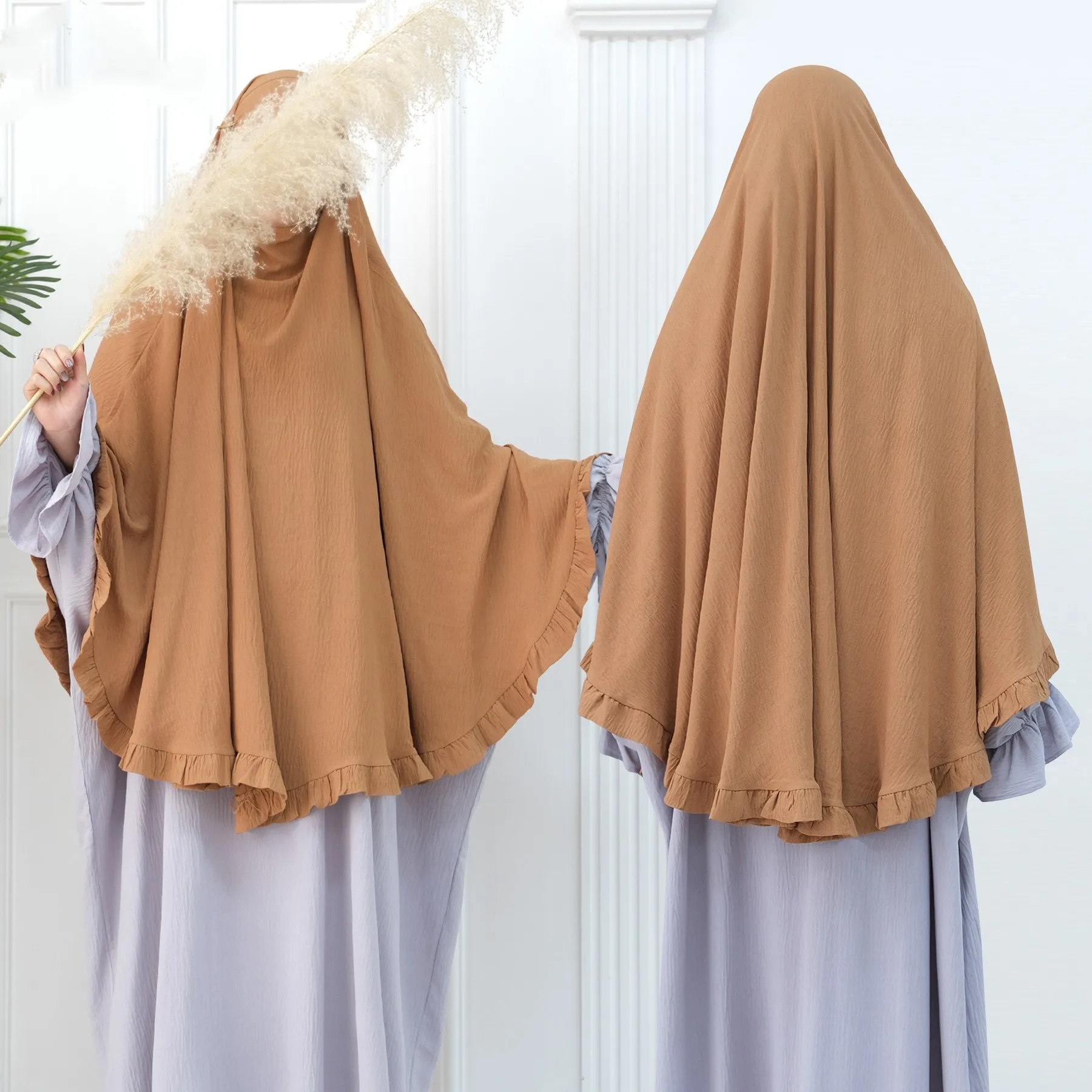 

New Arrival 2025 Ramadan Solid Color Abaya Ruffled Headscarf Middle Eastern Hijab Muslim Women Khimar Jersey Hijab