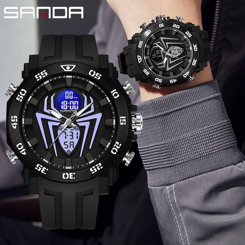 SANDA Men Military Watches Big Spider Dial Sport Watch LED Digital Waterproof Watch Men Multifunction Dual Display Clock Relogio