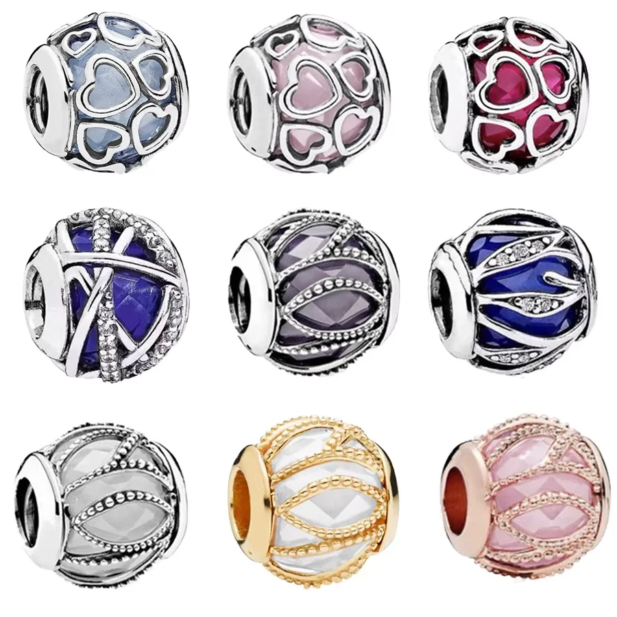 DIY Women Charm Jewelry Fit Original 925 Sterling Silver Pandora Bracelet Golden Pink Blue Purple Murano Glass Circular Bead