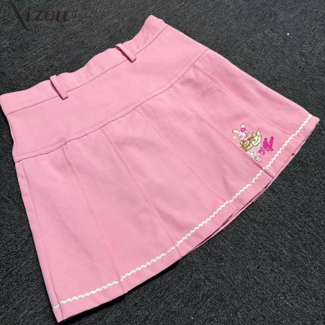 

​Y2K Kawaii Mini Skirt 2025 Spring Summer Cartoon Pleated Cake Mini Skirt Long Sleeve Blouse Japanese Korean Cute Sweet A-line