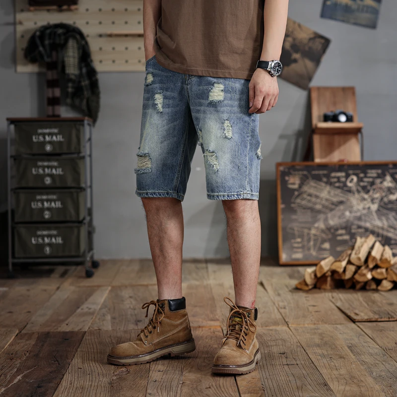 28-48large size shorts men's ripped denim pants loose straight retro trend casual oversize summer pirate shorts