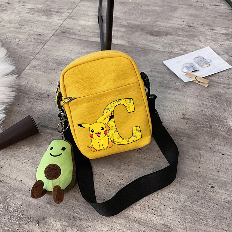 Bolso de hombro para niños de Pokemon Pikachu, bolsos cruzados con estampado de letras de dibujos animados para niños y niñas, paquete cuadrado de lona de Anime, regalo de cumpleaños para niños