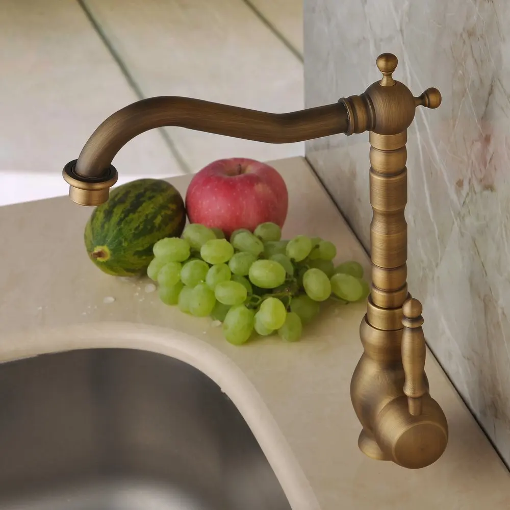 ® Antique Brass  Designer Plumbing Fixtures Single Hole Long  Spout Kitchen Faucet Bathroom Mixer Taps