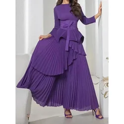 Miyake Fashion Party Pleated 2 Piece Set Women O-Neck Irregular Belt Gathered Waist Solid Long Dresses 2024 Summer New