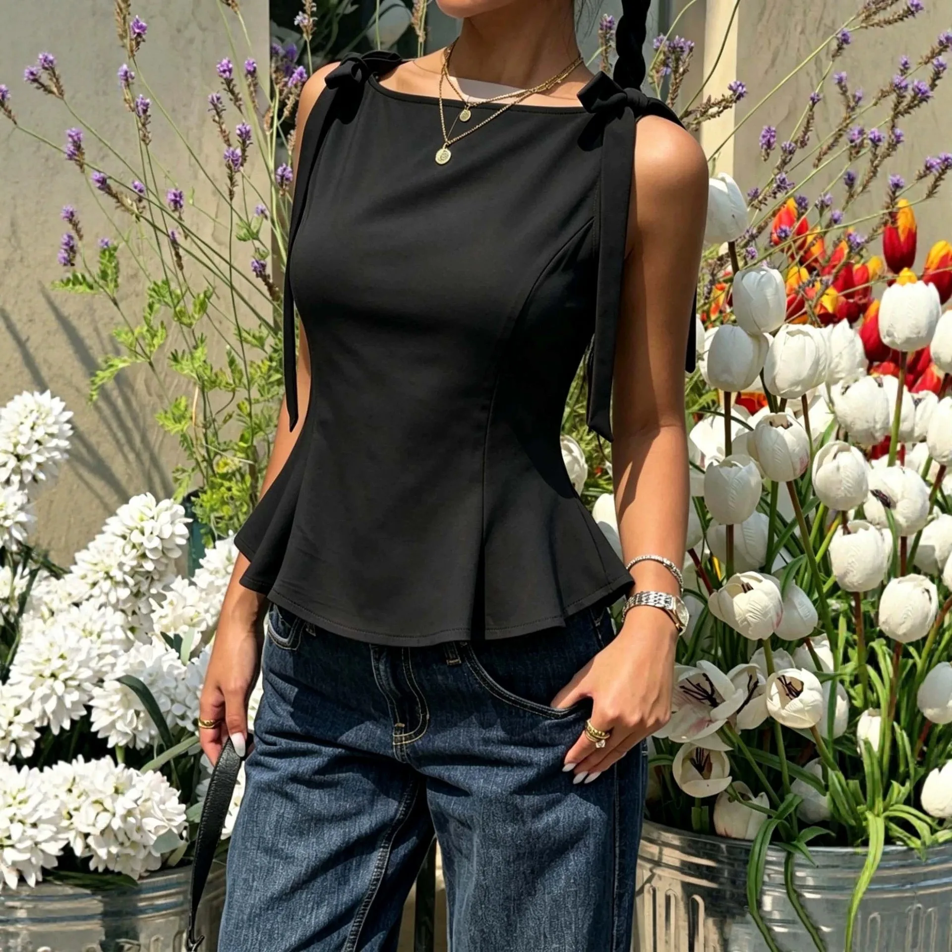 Fitted Sleeveless Top Slim Fit Elegant Commuter with Tank Top Casual Date Summer Square Neck Daily Wear Woven Women Tanks