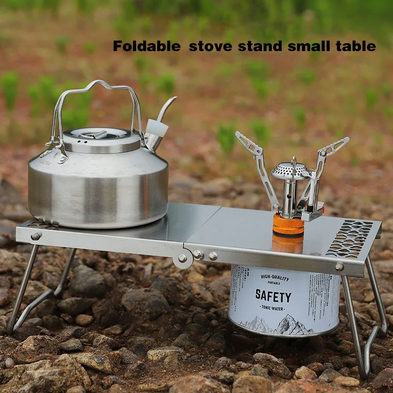 Outdoor Camping Stainless Steel Folding Gas Stove Table BBQ Portable Versatile Steel Table & Mini Burner Picnic Cooker