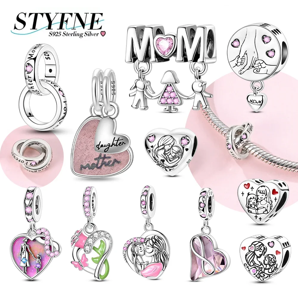 Silver 925 Mother's Day Charms Thanks & Forever Love Mon Pink Heart-shaped Beads Fit Bracelets DIY Exquisite Jewelry Fine Gift