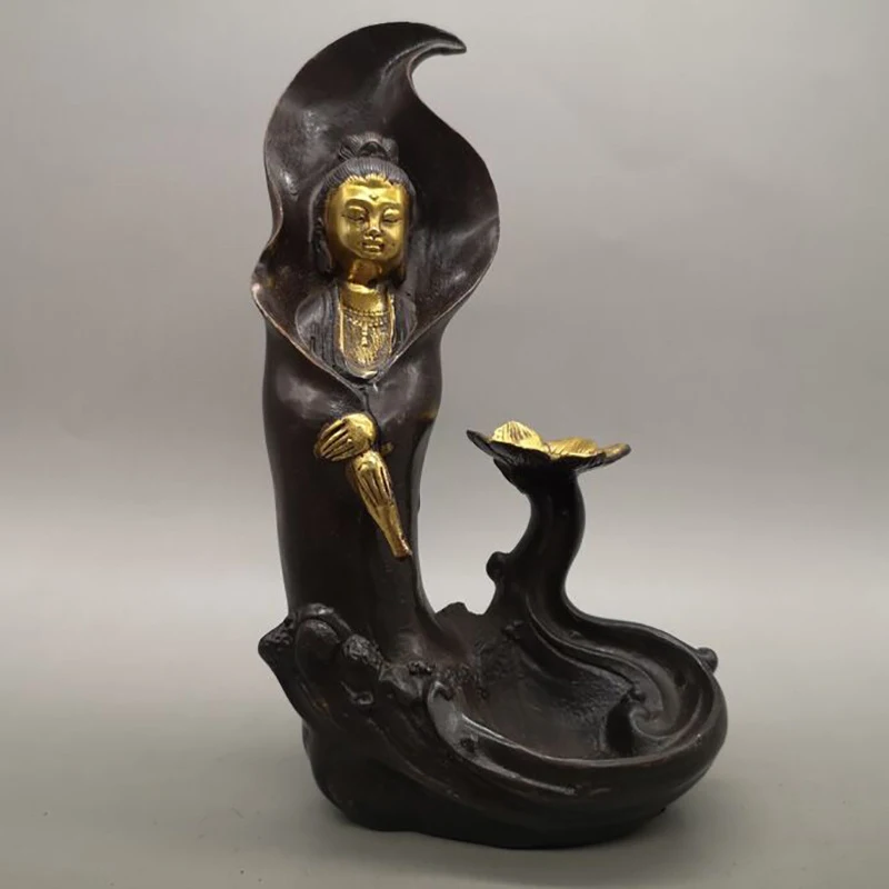 Antique Collectible Gilt Guanyin Backflow Home Living Room Decoration Bronze Incense Burner Craft Ornament
