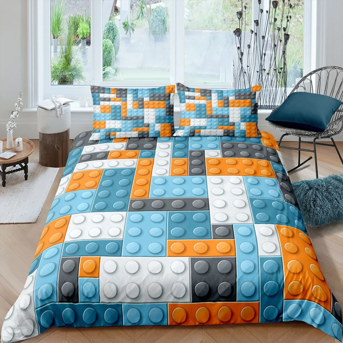 Colorful Blocks Duvet Cover King/Queen Size,Building Toy Bedding Set Kids Boys Girls Orange Blue Fun Brick Polyester Quilt Cover